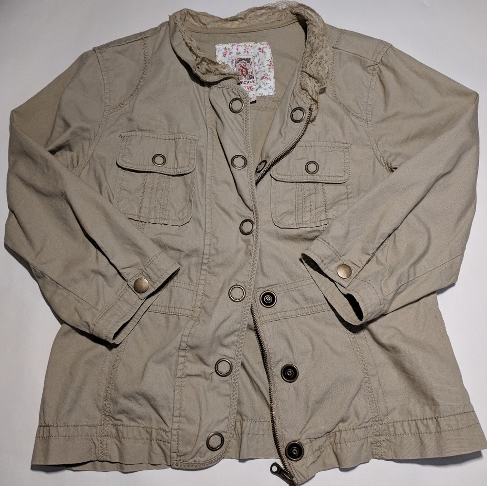 Tan 3/4 Sleeve Jacket with Lace Ruffle Collar